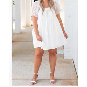 Chic Soul Babydoll White Dress 1X  Sheer Chiffon Bubble Sleeves Lined Pockets